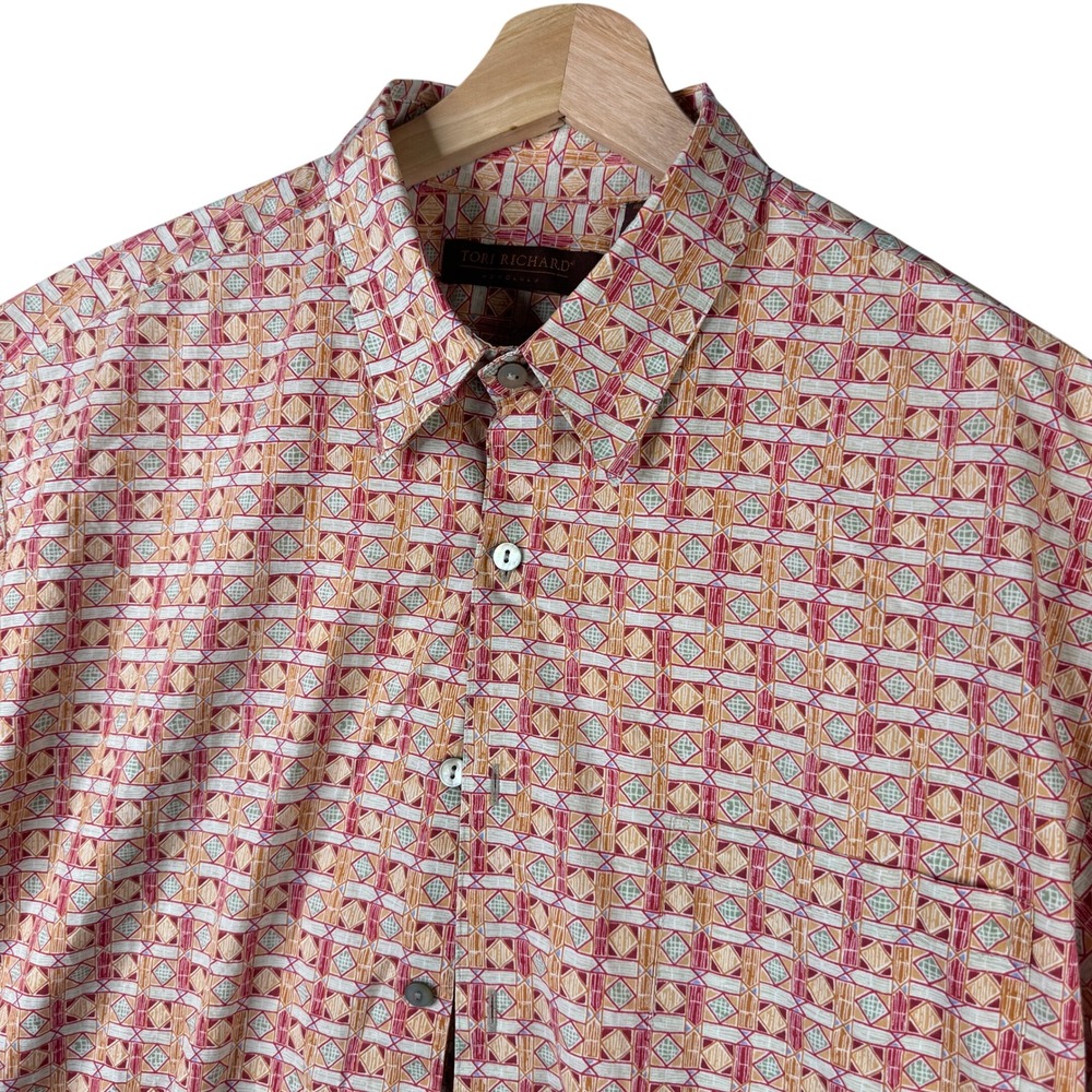 Tori Richard Mens Large Cotton Lawn Geometric Aloha Shirt Made in Hawaii Orange